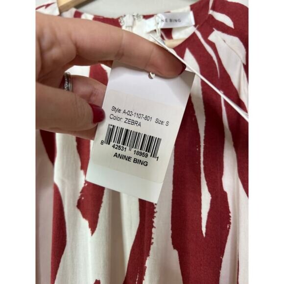 NWT Anine Bing Dahlia Zebra Drop Waist Pleated Skirt Red and Cream Midi Dress - Picture 6 of 9